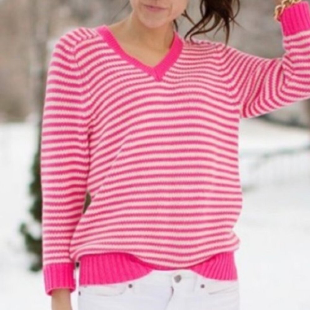 J.CREW Neon Pink And White Striped Cotton/Acrylic V-Neck Sweater Size XL